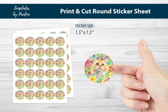 Charming Cat Round Sticker Sheet Graphics and Print Templates