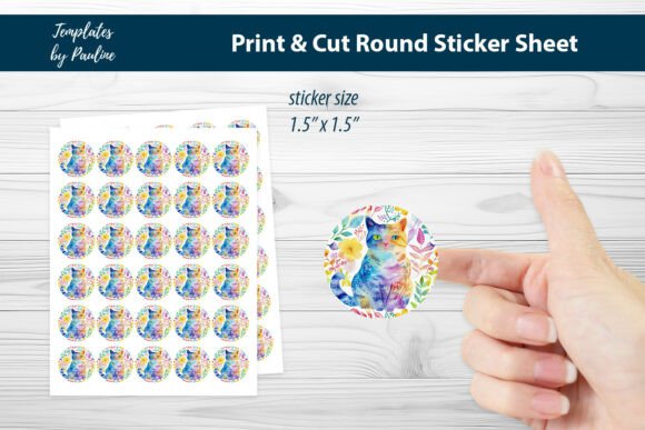Cute Spring Cat Round Sticker Sheet Graphics and Print Templates