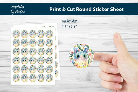 Floral Spring Cat Round Sticker Sheet Graphics and Print Templates